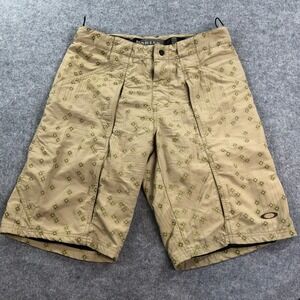 Oakley Mens Shorts LG Tan Geometric Nylon Relaxed Fit Cycling Padded Vintage